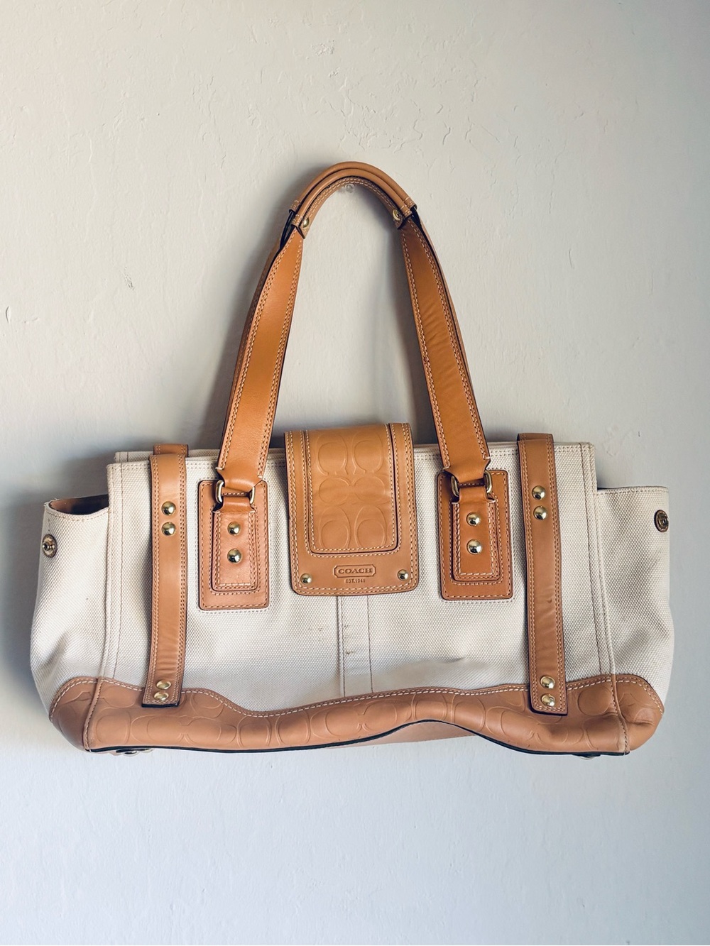 Coach Hamptons Miranda Carryall Shoulder Bag Ivory Tan Canvas Leather #F11958 - Picture 3 of 5